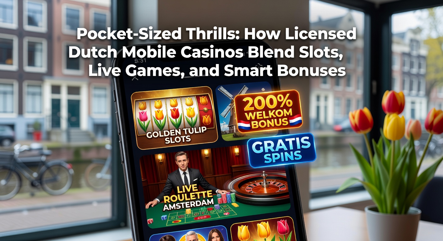 Mobiele casino app op smartphone met slots en live dealer in actie, achtergrond van Nederlandse vlag en gokkast symbolen