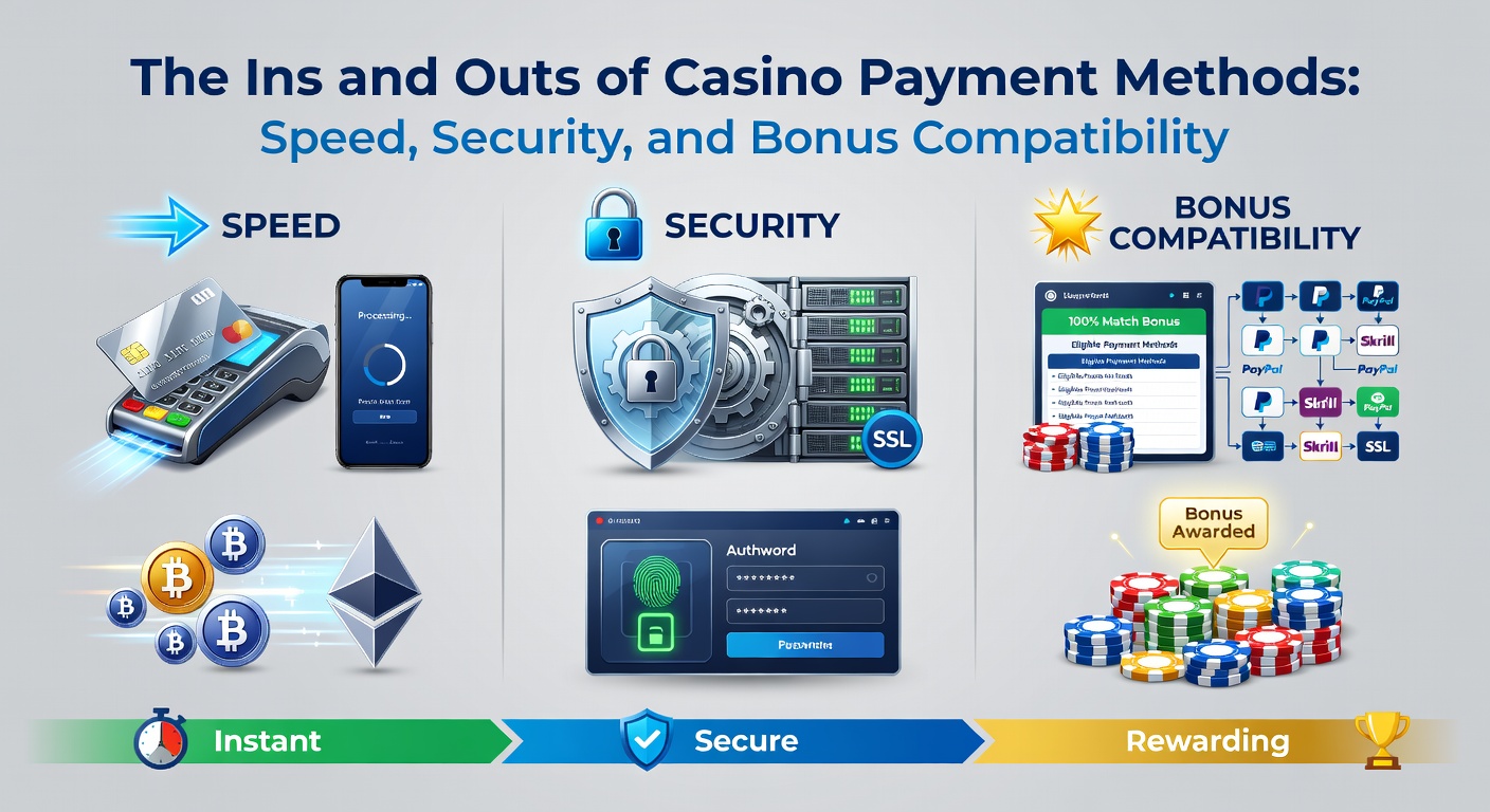 Grafiek met populaire casino betaalmethoden zoals iDEAL, e-wallets en crypto, met iconen voor snelheid en veiligheid